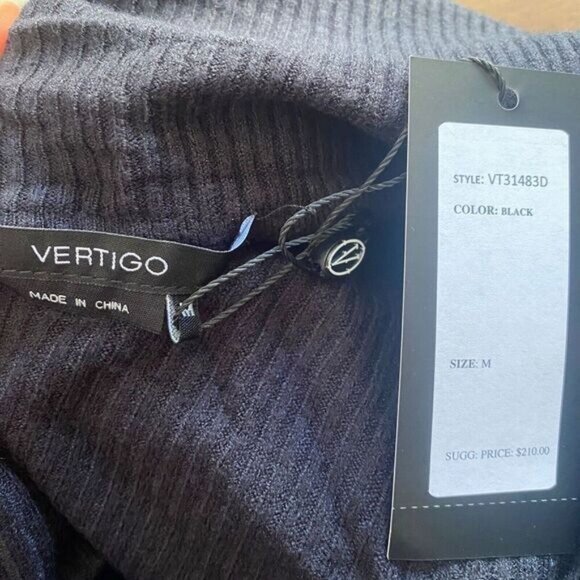 VERTIGO Cowl Neck Pleated Skirt Waist Tie Ribbed Knit Mini Dress Size M Black - Picture 9 of 16